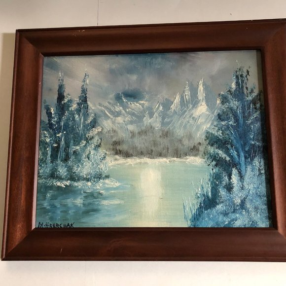 Small art painting on canvas board with wood frame landscape home decor signed - Picture 3 of 4
